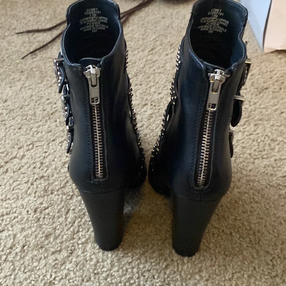 Black Studded Buckle Block Heel Ankle Boots - Picture 3 of 13